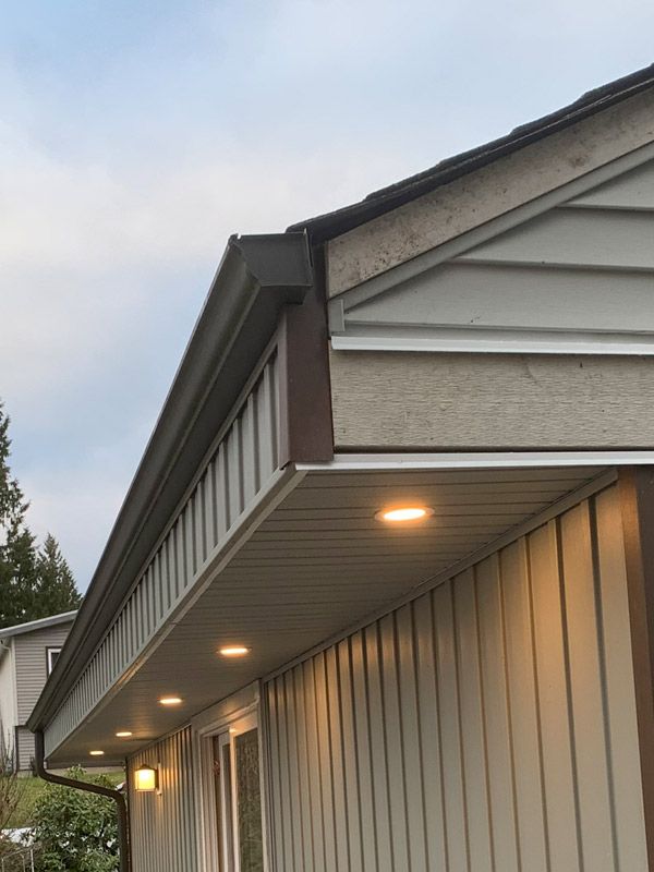 an outside view of a building with lights on