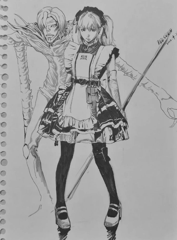 a pencil drawing of two girls holding swords