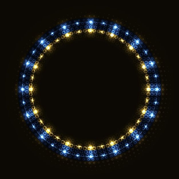 a circular frame made up of blue and yellow lights on a black background with space for text