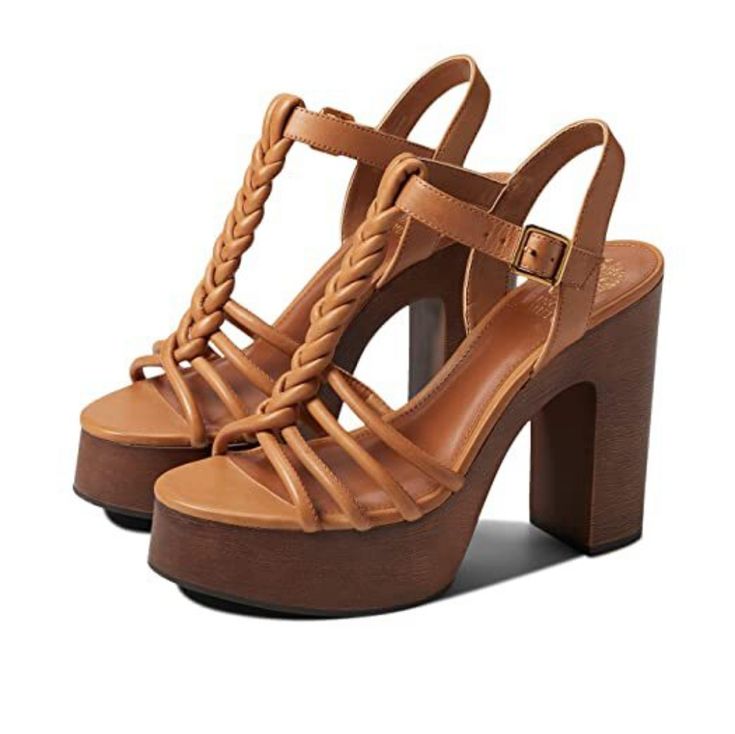 Brand New Item, Never Worn And In Its Original Packaging . Vince Camuto Rohnlee Sandal Platforms Continue To Be One Of The Season’s Hottest Trends And We Love This Retro-Feel Take On The Style. Crafted With An Artisan-Braided Leather T Strap, The Rohnlee Sits On A Funky, Chunky Wood-Look Heel And Tall Platform That Make The Sandal Surprising Comfortable. Wear Your Pair At Everything From Backyard Bbqs To Block Parties. 4.75" Heel; 1.5" Platform Nappa Leather Upper; Synthetic Lining; Tpr Sole Top Brown Beach Sandals With Padded Heel, Brown Padded Heel Sandals For Beach, Brown Heels With Removable Insole For Summer, Brown Casual Sandals With Padded Heel, Casual Brown Sandals With Padded Heel, Brown Block Heel Sandals For Spring, Summer Brown High Heel T-strap Sandals, Brown High Heel T-strap Sandals For Spring, Brown High Heel T-strap Sandals For Summer