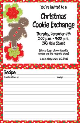 a christmas cookie exchange party with red and green polka dot border around the edges, on a white background