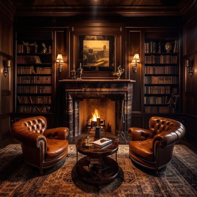 a living room with two leather chairs and a fire place in the middle of it