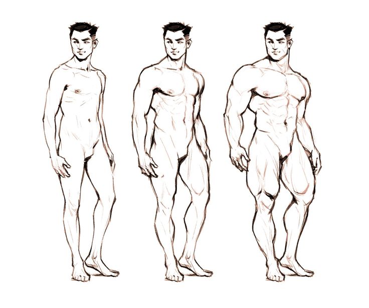 three different poses of a man with no shirt on, without his pants or arms and legs