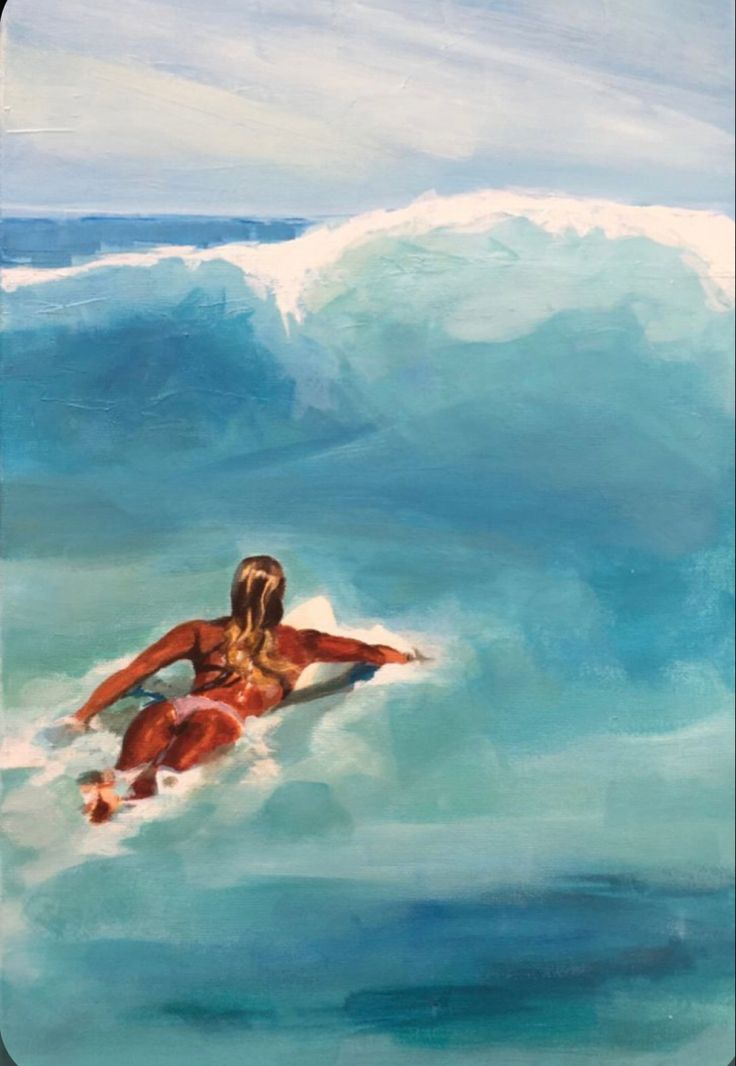 a painting of a woman on a surfboard riding a wave in the ocean,