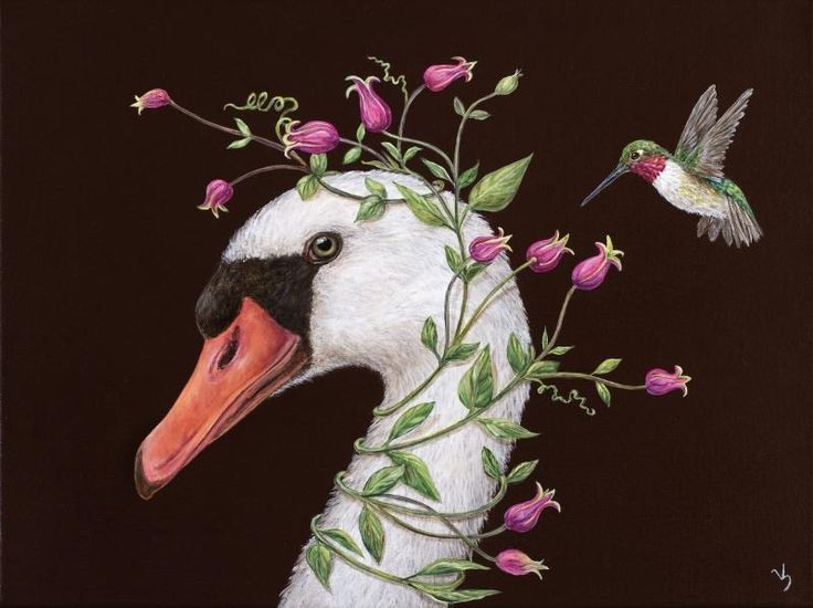 a painting of a bird with flowers in it's beak