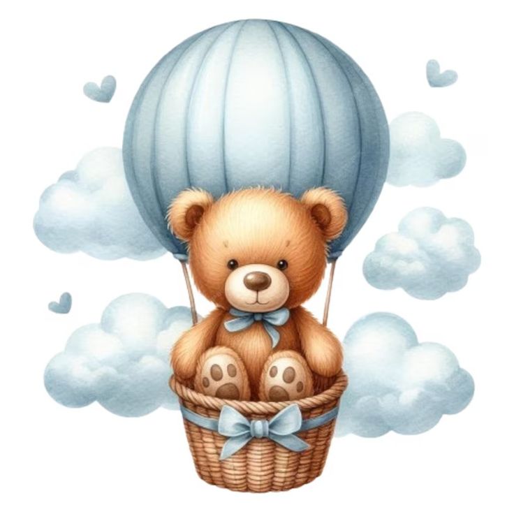 a brown teddy bear sitting in a basket with a blue hot air balloon above it