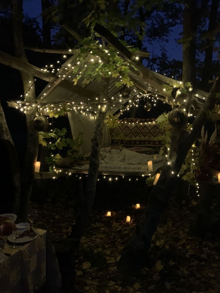 a bed in the middle of a forest at night with lights strung from it's canopy