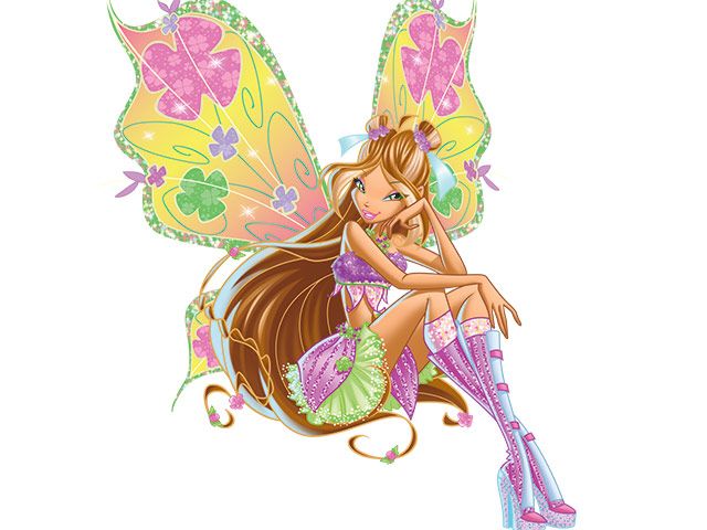 a beautiful fairy sitting on the ground with her wings spread out and flowers all around