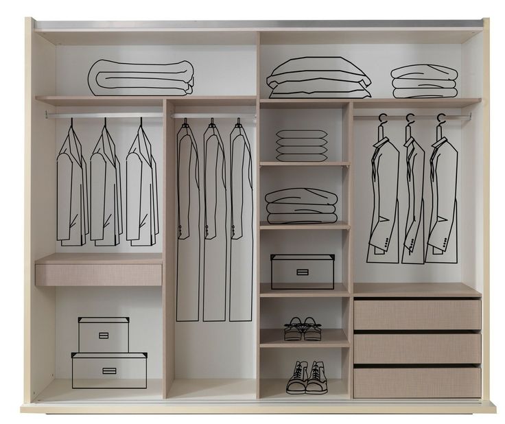 an open closet with clothes and boxes on the shelves, all in black and white