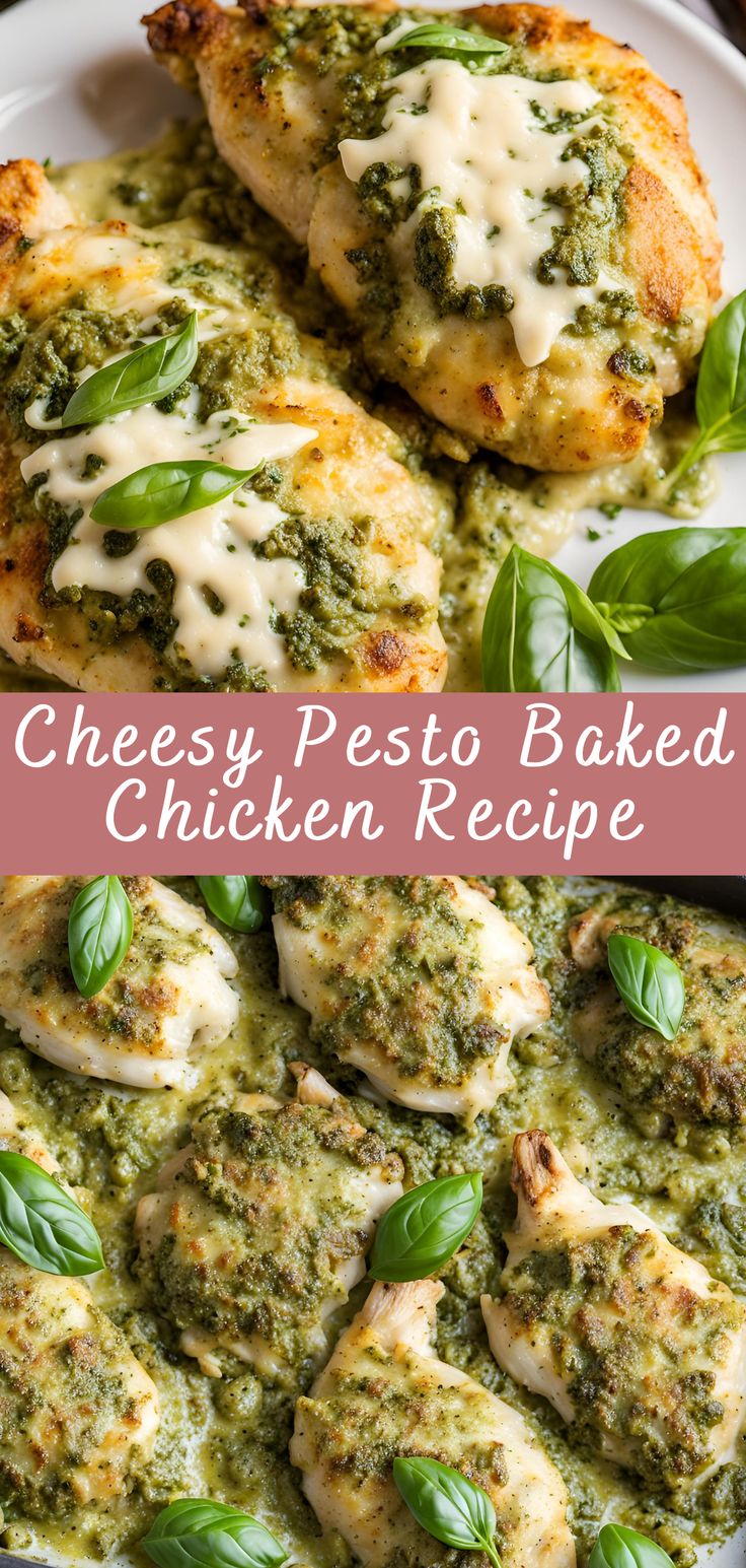 cheesey pesto baked chicken recipe on a white plate