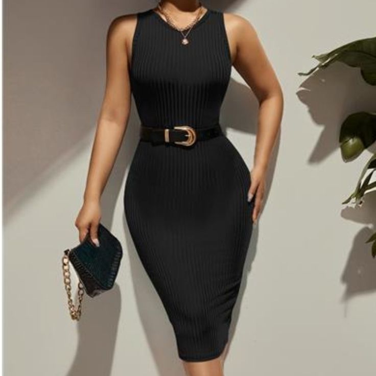 This Elegant Black Rib-Knit Dress Exudes Timeless Style With Its Simple Yet Refined Design. Featuring A Classic Round Neckline And Sleeveless Cut, It Highlights A Natural Waistline And A Flattering Pencil Hem. The Midi Length Adds A Touch Of Sophistication, Making It A Versatile Choice For Both Formal And Casual Occasions. With Its Sleek Rib-Knit Fabric, This Dress Offers A Smooth, Stylish Silhouette That's Perfect For Any Wardrobe. Chic Sleeveless Ribbed Stretch Dress, Elegant Fitted Sleeveless Ribbed Dress, Black Sleeveless Non-stretch Bodycon Dress, Elegant Sleeveless Ribbed Bodycon Dress, Black Non-stretch Sleeveless Bodycon Dress, Elegant Ribbed Sleeveless Dress, Fitted Ribbed Sleeveless Dress For Party, Fitted Ribbed Sleeveless Party Dress, Sleeveless Black Ribbed Bodycon Dress