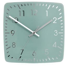 a square clock with white numbers on the face and green dials is shown in front of a white background