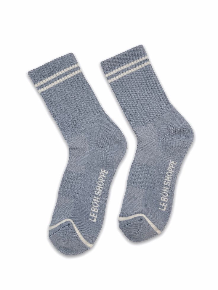 Le Bon Shoppe Boyfriend socks in blue grey. Stay fly all year long in these calf length sports socks. Pair with sneakers or sliders. Perfect for work from home. One size fits most. 85% cotton, 13% polyester, 2% spandex. Fair trade made in Korea. PIPE AND ROW Casual Gray Sports Socks, Casual Blue Socks For Outdoor, Casual Blue Outdoor Socks, Blue Winter Sports Socks, Comfortable Blue Sports Socks, Sporty Blue Socks For Winter, Boyfriend Socks, Sports Socks, Sport Socks