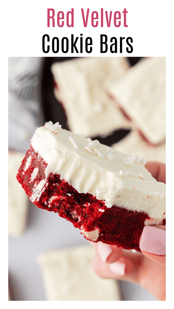 red velvet cookie bars with white frosting and sprinkles in the middle