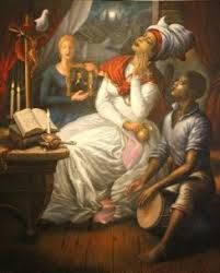 a painting of a woman sitting on top of a bed next to two other people