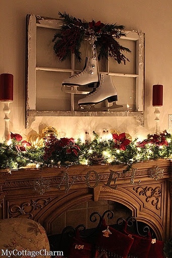 a fireplace decorated with christmas decorations and lights