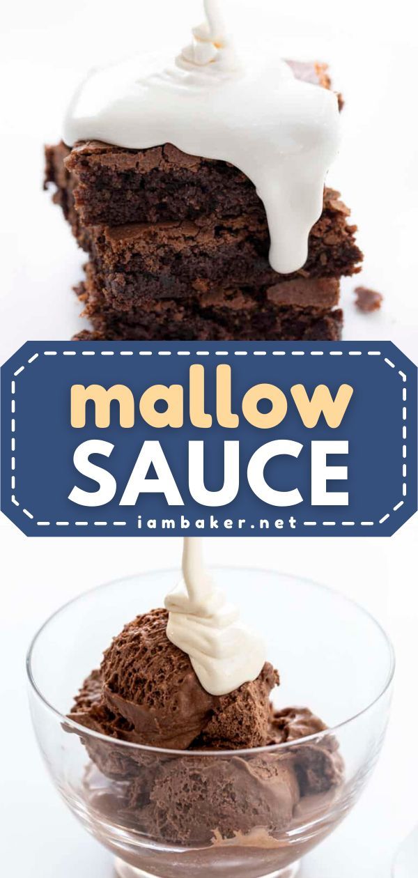 a slice of chocolate cake with whipped cream on top and the words mallow sauce above it