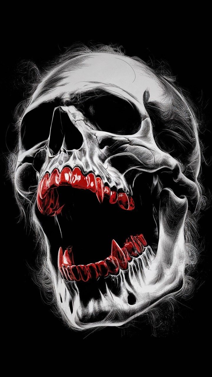 a skull with red teeth and fangs on it's face, painted in black and white