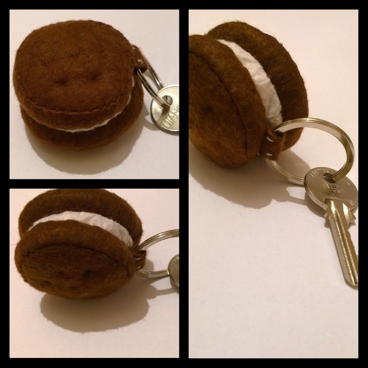 three pictures of a keychain made to look like a hamburger