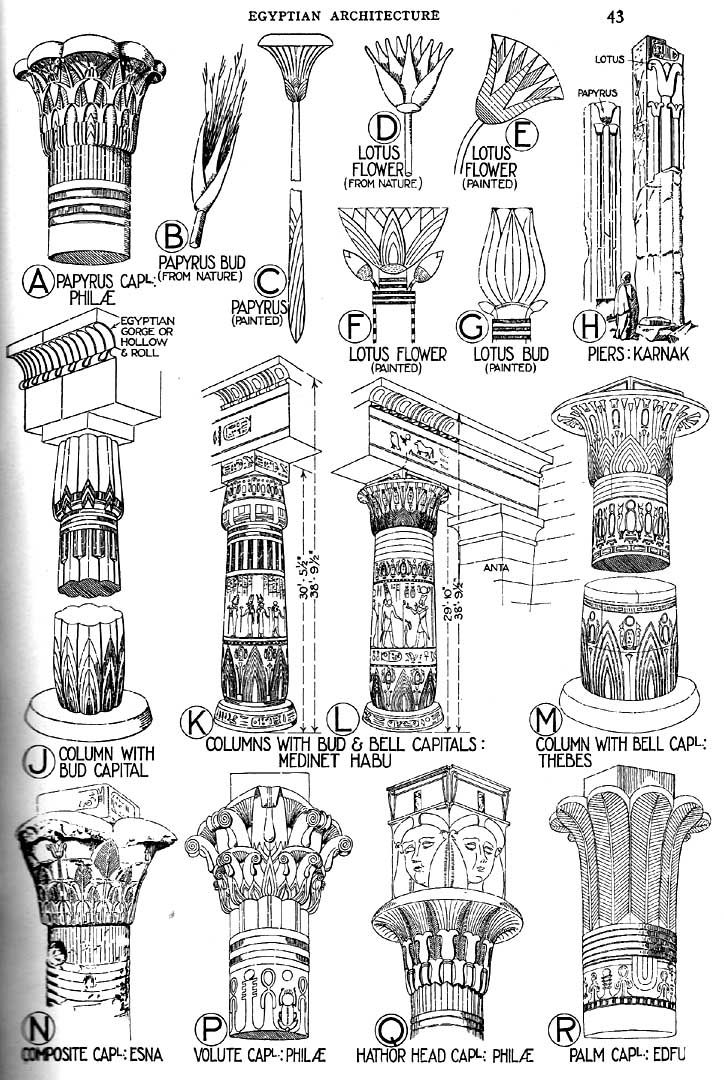 an old drawing shows different types of columns and vases, from the earliest to the present day