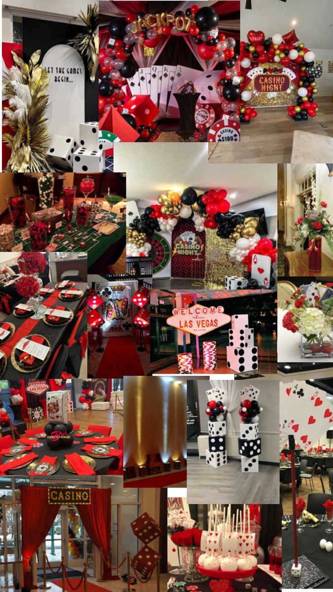 a collage of photos with red, black and white decorations on display at a party