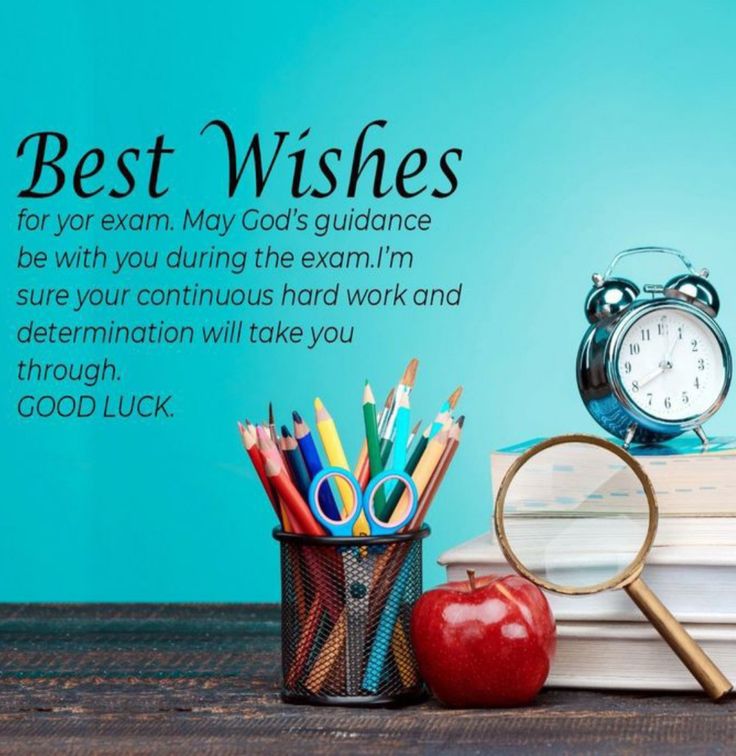 an apple, pencils, and alarm clock sitting on top of books with the words best wishes