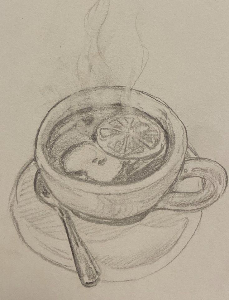 a drawing of a bowl of soup on a saucer