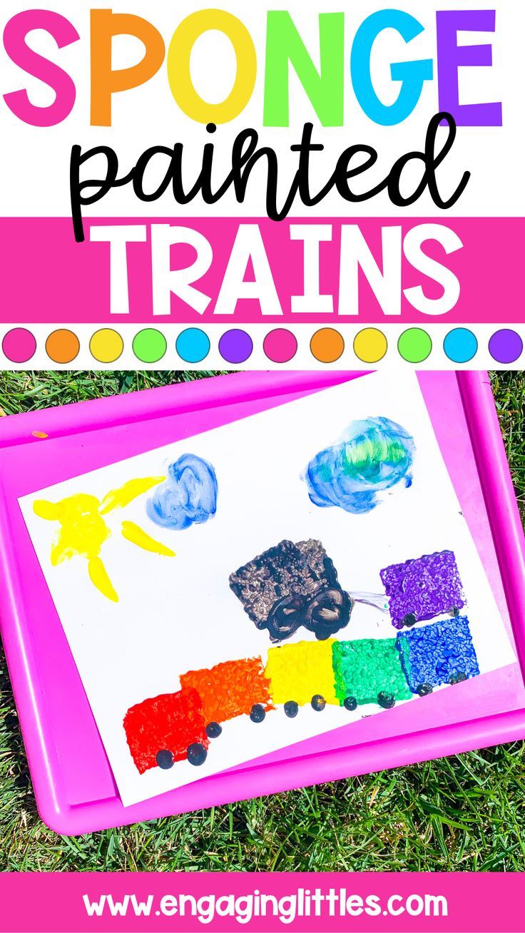 a pink tray with the words sponge painted trains on it, and an image of a train