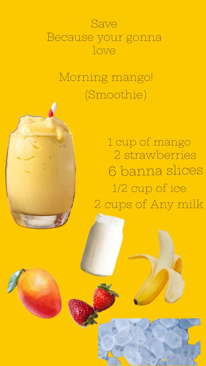 the ingredients for a smoothie are shown on a yellow background