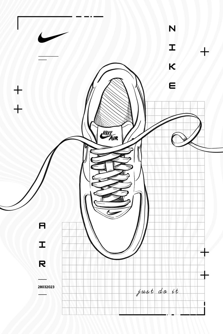 Nike Poster Design - Air Force Sneakers Vintage Nike Poster Prints, Sneaker Illustration Art Graphics, Nike Poster Vintage, Air Force 1 Design Ideas, Nike Design Graphic, Sneaker Graphic Design, Vintage Nike Aesthetic, Nike Shoes Poster, Shoe Graphic Design