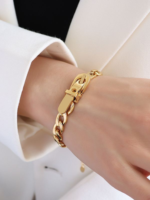 Chains Solid Color Bracelet Accessories GOLD-One_size Belt Buckle Jewelry, Knitted Bracelet, Classy Vibes, Buckle Jewelry, Gold Bracelet Simple, Thick Chain Necklace, 18k Gold Bracelet, Color Bracelet, Bracelet Simple