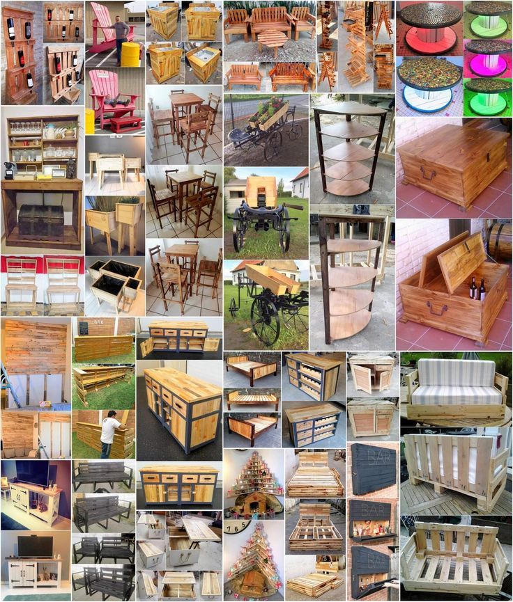 many different types of wooden tables and chairs are shown in this collage, including one with