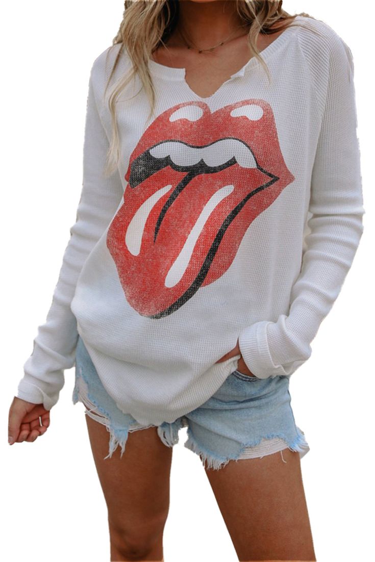 White Round Neck Lip Print Long Sleeve Top Non-stretch White Tops For Fall, Trendy Non-stretch Sweater For Spring, Non-stretch Trendy Spring Sweater, Non-stretch Trendy Sweater For Spring, Casual Stretch Sweater For Spring, Spring Stretch Sweater With Graphic Print, Chic Graphic Print Tops For Fall, Long Sleeves Tops, Lip Print