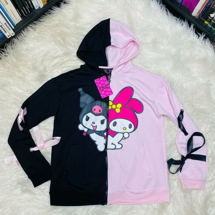 "Brand New" Sanrio My Melody Kuromi Split Hoodie China / 85% Polyester, 15% Cotton Size: Small Measurements: Pit To Pit: 20" / Back Collar To Bottom Hem: 24" /Sleeve: 27" Harajuku Style Pink Hooded Top, Harajuku Style Hooded Pink Top, Pink Harajuku Hooded Sweatshirt, Pink Harajuku Style Hooded Sweatshirt, Pink Harajuku Hoodie With Drawstring, Pink Harajuku Hoodie Outerwear, Harajuku Pink Hoodie Outerwear, Pink Harajuku Hoodie, Sanrio Fits