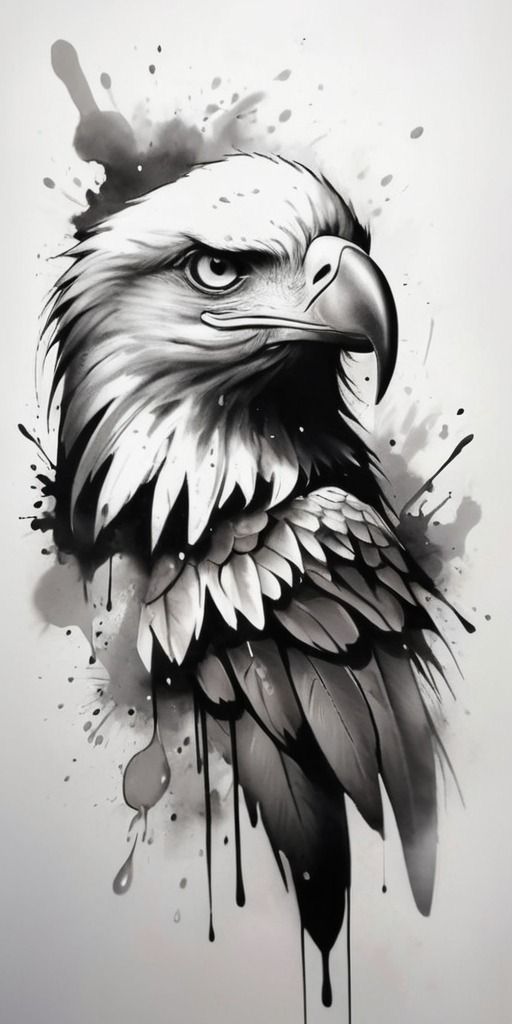 an eagle with paint splatters on it's face and wings, painted in black