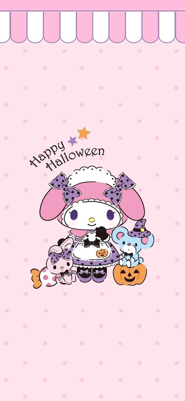 hello kitty halloween wallpaper with an image of a cat and other animals on it