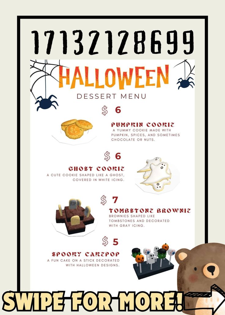 a menu for halloween desserts with an image of a teddy bear and other items