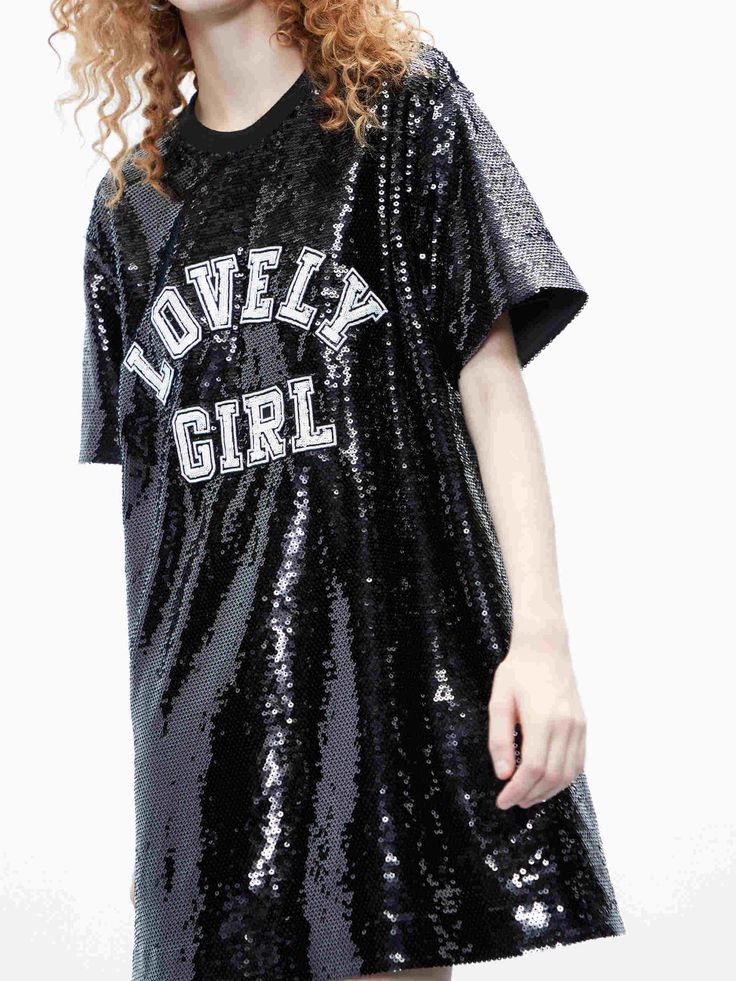 MO&Co. Women's Sequin T-shirt Dress Sparkle and shine in this eye-catching dress! Featuring a glittering sequin design, a flattering T-shirt silhouette, plus letter pattern sequins detailing on the front, this mini-length dress will add a pop of glamour to your wardrobe. Be the life of the party in this dazzling T-shirt dress! Features : - Allover sequin design with letter details- T-shirt dress silhouette- Crew ribbed neck Code: MBC3DRS044The back length of size S is 78cmMATERIALS & CARE Materi Sequin T Shirt Dress, Design With Letters, Dress Silhouette, Black Shirt Dress, Mesh Bag, Letter Patterns, T Shirt Dress, Dress Length, Black Dress