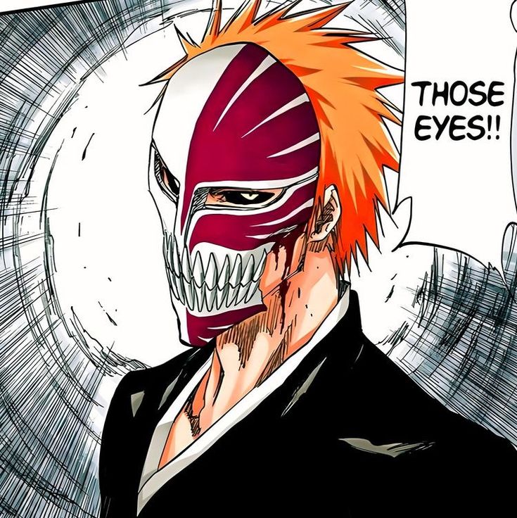 an anime character with orange hair wearing a red mask and black suit, in front of a white background