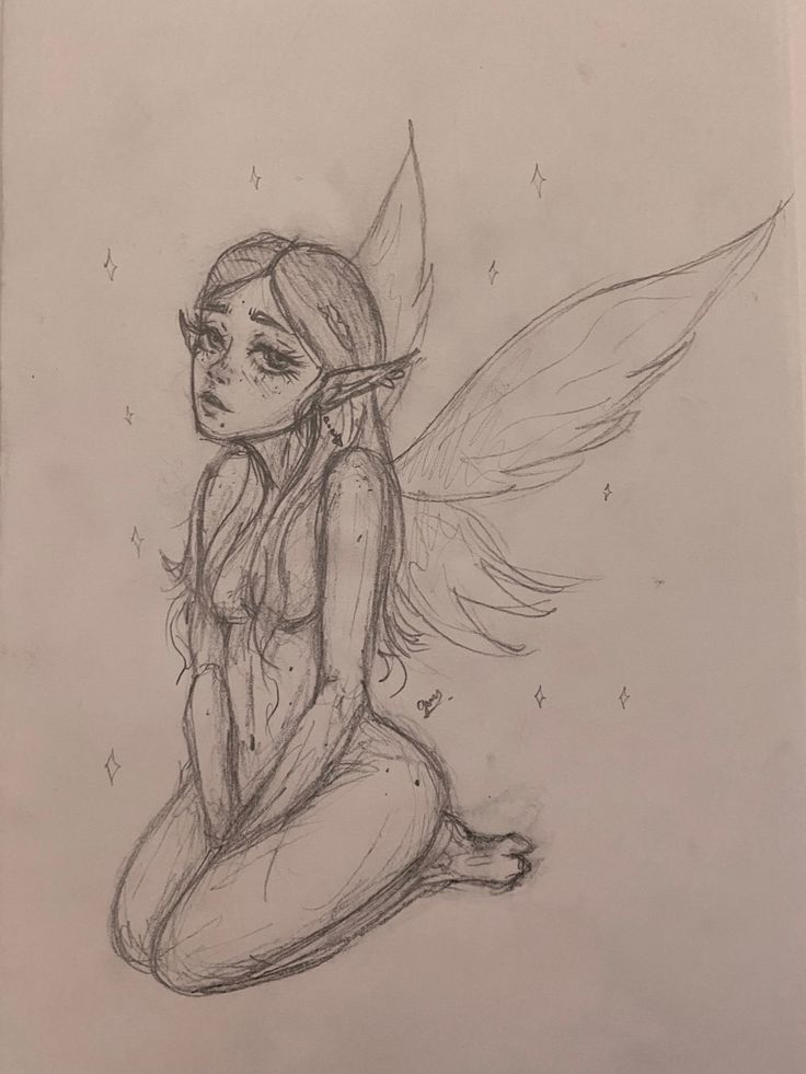 a drawing of a fairy sitting on the ground