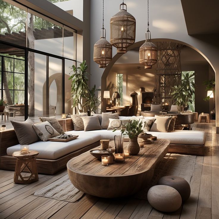 a living room filled with lots of furniture next to tall windows on top of a wooden floor