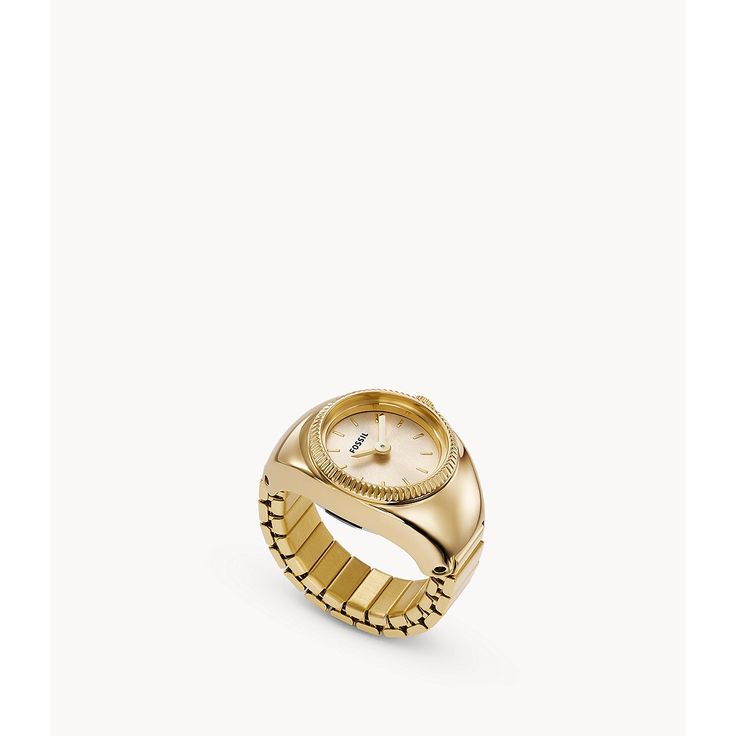 This 15mm watch ring features a gold-tone sunray dial, two-hand movement and gold-tone stainless steel band. Emilia Jones, Ring Clock, Fossil Ring, Watch Ring, Fossil Watches Women, Fossil Watch, Fossil Watches, Ring Watch, Stacked Jewelry