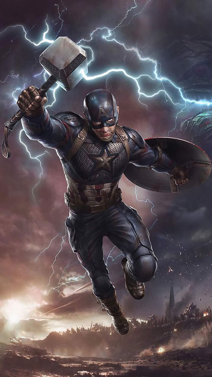 the avengers is flying through the air with an ax in his hand and lightning behind him