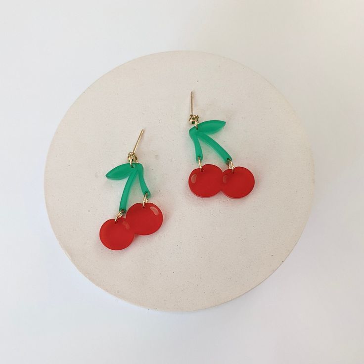 Cherry earrings are perfect for summer! gold plated stud posts acrylic 1.5 in x 1 in Trendy Adjustable Drop Clip-on Earrings, Trendy Adjustable Nickel-free Earrings, Trendy Nickel-free Dangle Clip-on Earrings, Trendy Dangle Plug Earrings, Nickel Free, Trendy Dangle Clip-on Earrings With Ear Wire, Trendy Nickel-free Drop Plug Earrings, Trendy Nickel-free Dangle Plug Earrings, Trendy Adjustable Earrings, Fun Red Resin Earrings