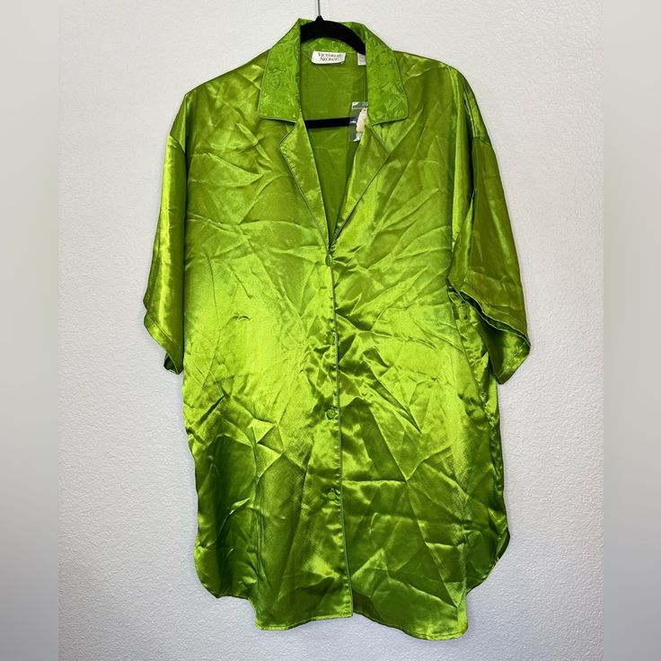 Nwt Satin Green Satin Button-up Tops For Daywear, Summer Satin Blouse With Button Closure, Green Buttoned Tops For Loungewear, Green Short Sleeve Blouse For Loungewear, Sleep Tops With Buttons And Button-up Design, Victoria Secret Slip Dress, Vintage Victoria Secret, Pink Slip Dress, Silk Nightgown