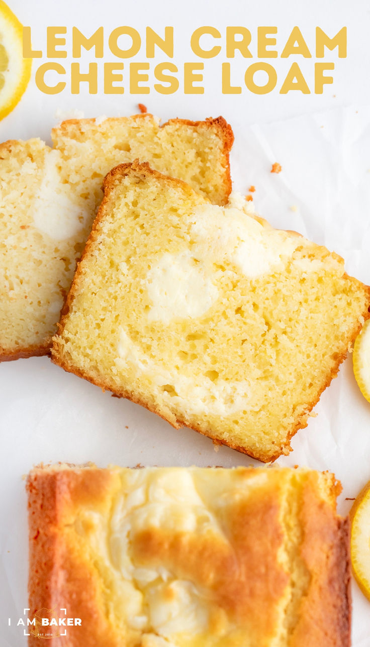 slices of lemon cream cheese loaf sitting on top of paper