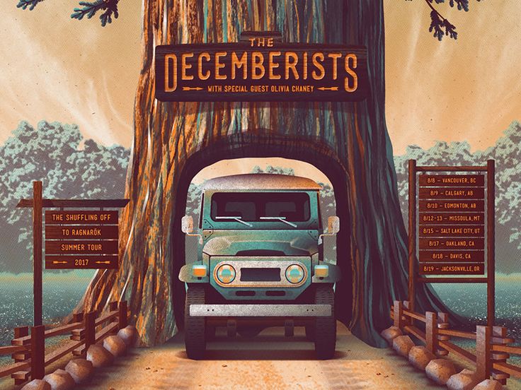 an old truck is parked in front of a tree with the words decemberists on it