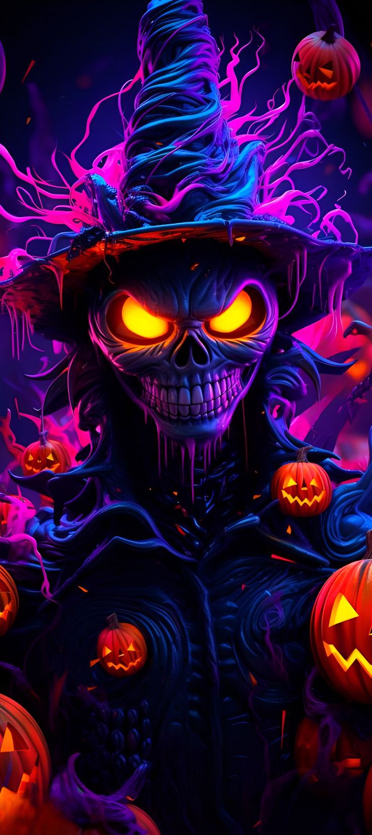 a creepy skeleton wearing a witches hat with glowing eyes and hair, surrounded by pumpkins