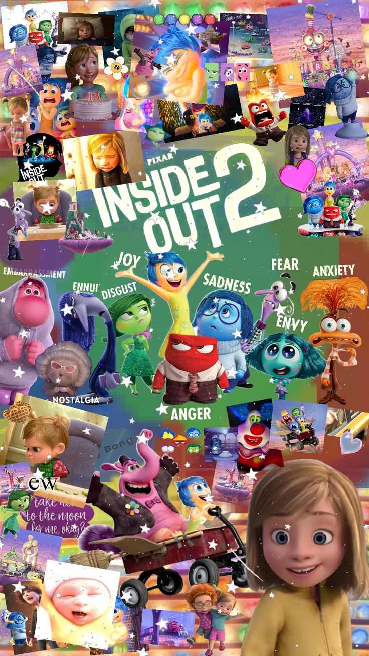 the inside out 2 movie poster is shown with many characters and their names on it