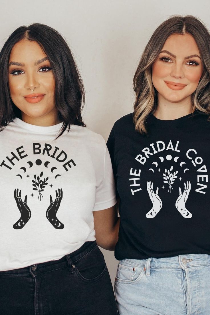 two women standing next to each other wearing t - shirts that say the bride and the bridal coeen